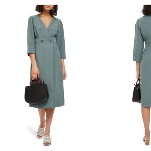 TOPSHOP Green Midi Wrap Dress Two Button